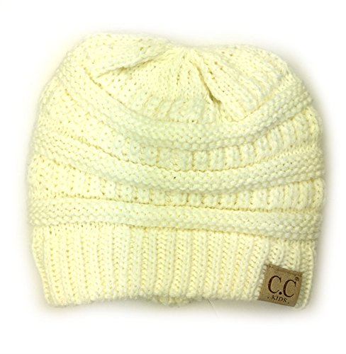 Chunky Thick Stretchy Knit Slouch Beanie Cap Hat for Kids Ages 2-7 (Ivory)