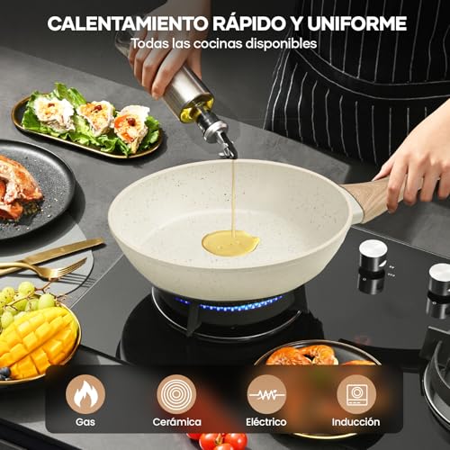 HEEDU Juego de 10 Ollas y Sartenes Antiadherentes, Batería de Cocina, Juego de Utensilios de Granito, Apto para Todas las Estufas, con Sartenes y Cacerolas (Blanco)