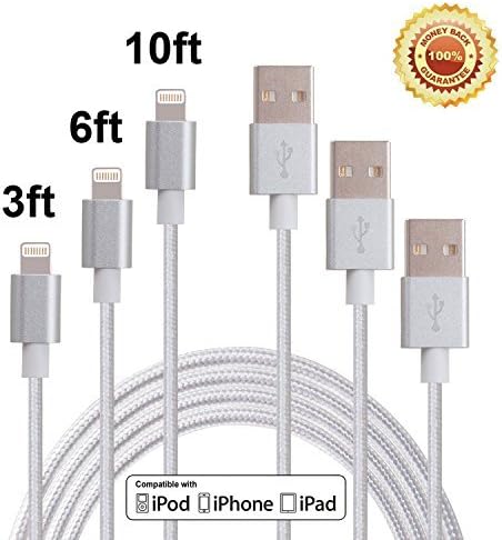 Red Gem 3Pack 3FT 6FT 10FT Extra Long Nylon Braided 8Pin to USB Power Cable Cord with Aluminum Heads for iPhone 6/6s/6 Plus/6s Plus/5/5c/5s, iPad 4 Mini Air iPod Nano 7 iPod Touch 5 (Sliver)