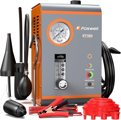 FOXWELL EVAP Car Fog Machine ST203, Professional Dual Modes Smoke Machine, Car Leak Detector with Pressure Indicator & Flow Indicator for Real-time Data, Air Pump 16 L/Min, Complete Kit for 12 V Vehicles