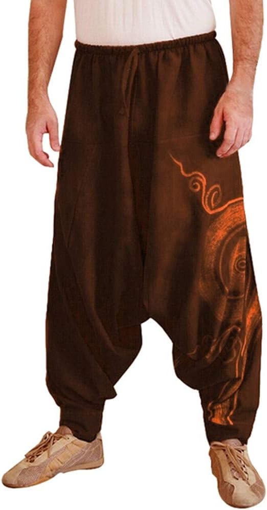 IFOUNDYOU Men's Harem Pants Boho Hippie Wide Baggy Trousers with Drop Crotch Comfortable Elastic Waist Drawstring Pants Bottoms Plus Size
