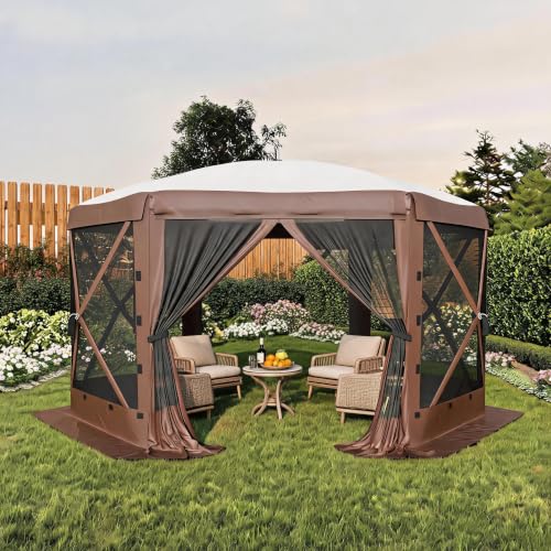 IDEALHOUSE 12x12FT Pop Up Gazebo Tent, 2-in-1 Screen Tent Gazebo, Khaki | with Removable Sidewalls & Mosquito Netting, All-Weather Dining Tents for Camping Ourside Backyard Lakeside Lawn