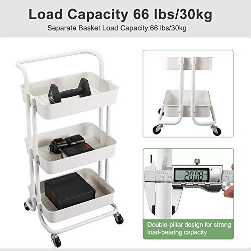 3-Tier Utility Cart, Kitchen Rolling Utility Cart Trolley Storage Shelves with Metal Tubes Lockable Wheels, Easy Assembly Food Service Mesh Basket Cart for Kitchen, Bathroom, Office Paint Storage - Thumbnail 4