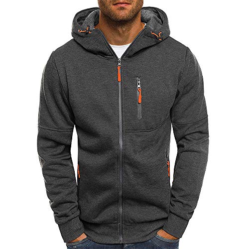 Mens' Autum Winter Long Sleeve Zipper Patchwork Hooded Sweatshirt Cardigan Tops (Deep Gray, L3) - Thumbnail 5