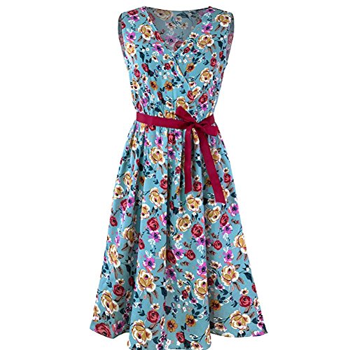 Floral Print V-Neck Dress,Clearance! AgrinTol Fashion Womens Casual Sleevless Belt Bandage Mini Tank Dress (XL, Blue)