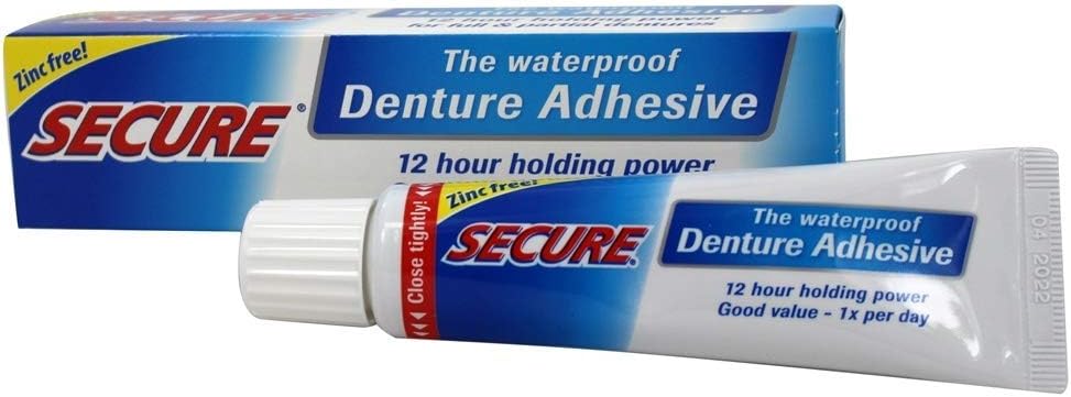 Secure Waterproof Denture Adhesive - Zinc Free - Extra Strong Hold For Upper, Lower or Partials - 1.4 oz (Pack of 4) : Secure Denture Adhesive : Beauty