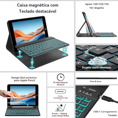 Capa Para Tablet, Capa + Mouse e Teclado Magnético Bluetooth Destacável Para IPad 9ª/ 8ª /7ª Geração (Preto, Teclado retroiluminado)