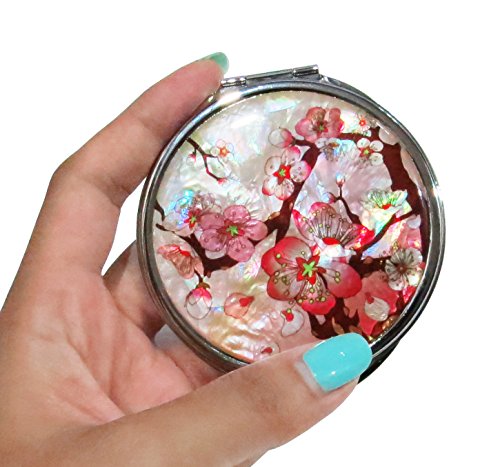 Pink-Makeup-Mirror-Mother-of-Pearl-Metal-Dual-Compact-Folding-Magnify-Apricot-Tree-Flowers-Design