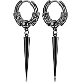 Men's Fashion Korea Style Stainless Steel Huggie Hinged Hoop Earrings with Long Chains Dangle Retro Feather Leaf Skull Awl for Men Women Boys