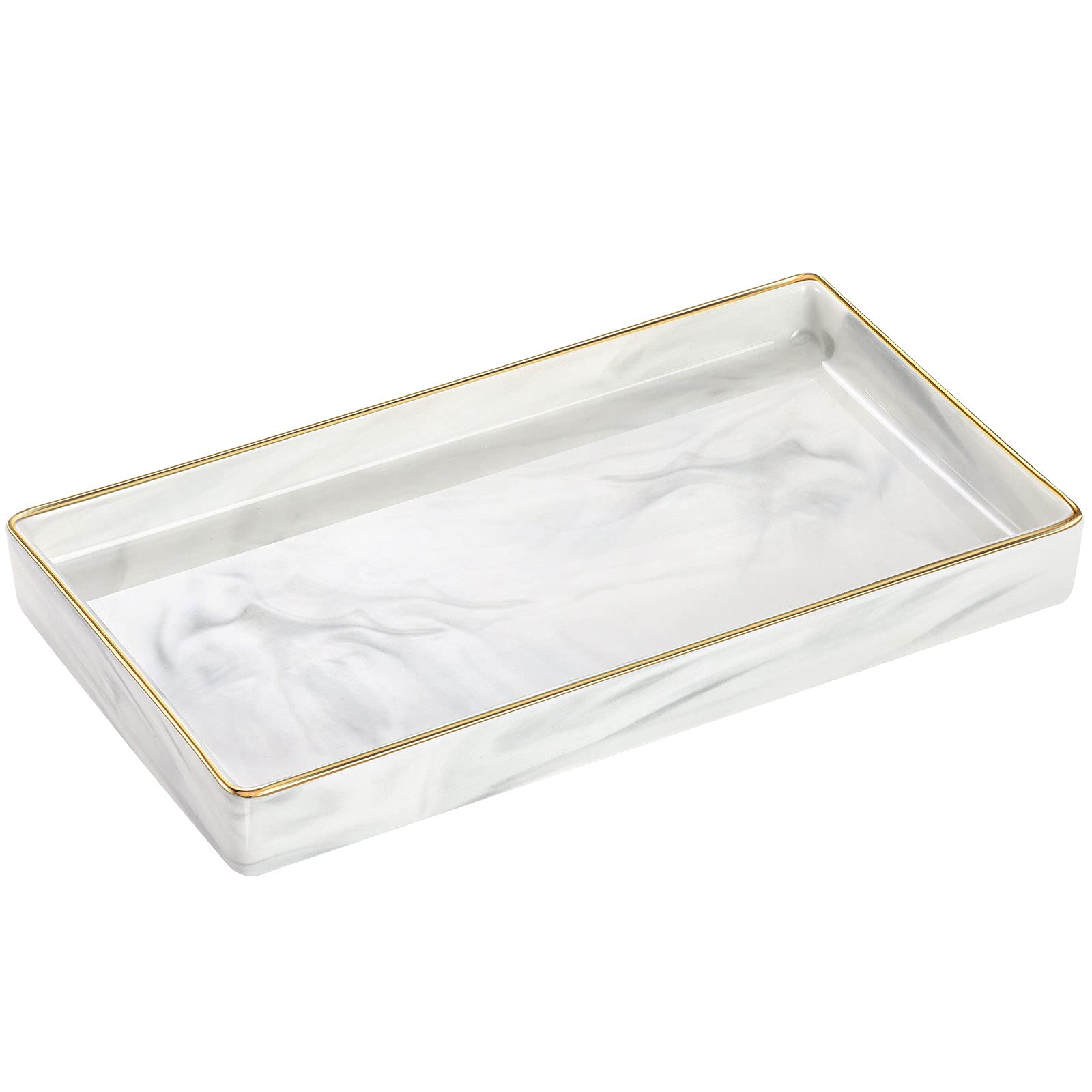 Luxspire Bathroom Vanity Tray, Marble Ceramic Decorative Tray Jewelry Counter Storage Organizer, Gold Edged Dresser Kitchen Sink Tray for Perfume Candle Holder Bathroom Accessories -S- Marble White