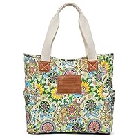 Malirona Canvas Beach Bags and Totes for Women Zippered Beach Shoulder Bag (Green Flower)