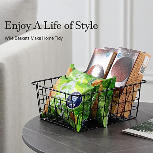 REFSAVER Wire Basket for Organizing 4 Pack Pantry Storage Baskets Small Mental Cabinet Shelf Black Organizer Bins for Office,Bathroom,Pantry,Closets
