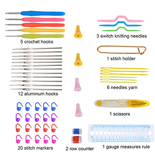 Bamboo Knitting Needles Set 36pcs Carbonized Afghan Needles 5pieces Ergonomic Crochet Hook Set 12 Small Size Aluminum Handle Hook with Sewing Tools Full DIY Craft Kits