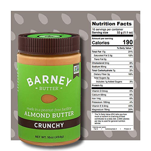 BARNEY BUTTER ALMOND BUTTER, CRUNCHY, 16 OUNCE JAR, SKIN-FREE ALMONDS, NO STIR, NON-GMO, GLUTEN FREE, KETO, PALEO, VEGAN