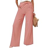 JEKAOYI Women's Casual Linen Wide Leg Pants with Pockets Boho Palazzo High Waisted Drawstring Lounge Trousers