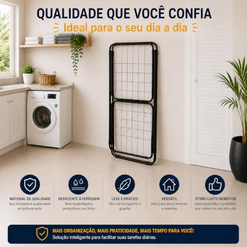 Maxeb Varal de Chão Dobrável com 4 Abas Laterais, Aço Reforçado, Pintura Epóxi Preto, Compacto, Suporta até 20 kg