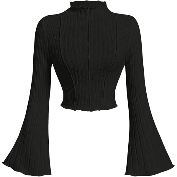 DESIGN Flared Long Sleeve Textured Top With Contrast Lettuce Hem...