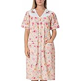 Women's Short Sleeve Woven Snap-Front Closure Floral Embroidery Housecoat Duster Lounge Nightgown Robe with Front Pockets