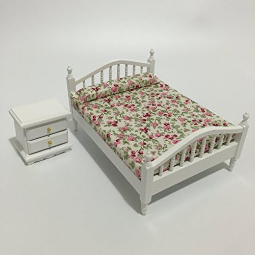 Dollhouse Miniature White Floral Double Bed&amp;Bedside Table 1:12 Scale Model