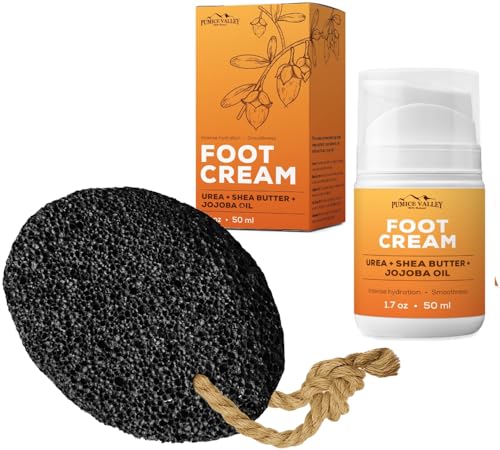 Pumice Stone - Natural Earth Lava Black -Pumice Valley Foot Cream for Dry Cracked Feet and Heels - Urea, Shea Butter, Jojoba Oil, Vitamin E 1.7 Oz