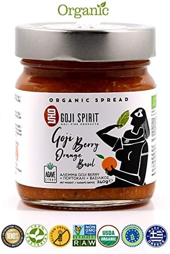 Goji Spirit Organic Spread | Organic Goji Berry Spread with Goji Berry, Orange, and Basil | Ideal for Vegan Diet and Gluten-Free Diet, Non-GMO Vitamin-Enriched Spread for Breakfast | 240g
