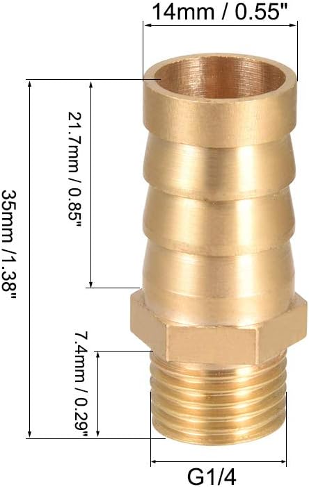 sourcing map Brass Hose Barb Fitting,Connector,14mm Barb x G1/4 Male Pipe Adapter,5Pcs, Gold, 14mm x G1/4 - Image 3