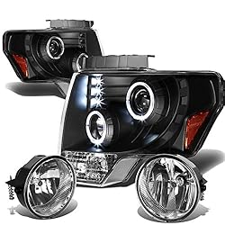See Ford F150 12th Gen Black Housing Amber Corner Halo Projector Headlights + Clear Lens Fog Lights Details
