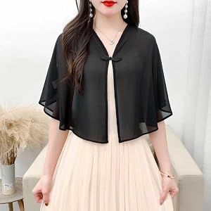 Women's Lightweight Chiffon Bolero Cardigan with Bow Sheer Short Cape Shrug | Black Sheer Chiffon Women Shoulder Cape With Fr