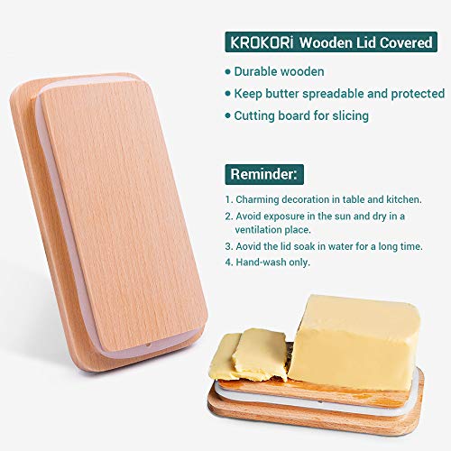 Krokori Butter Dish, Stoneware Ceramic Butter Dish Butter Container Margarine Dish Covered Butter Keeper with Wooden Lid Food Storage Box for Daily Use (Aquamarine) - Thumbnail 2