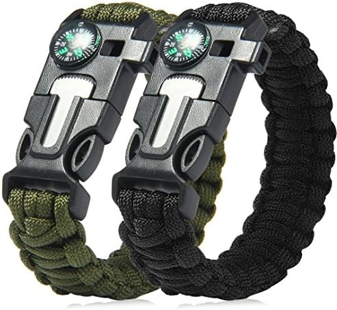 Renkindge 2 Pack Survival Paracord Bracelet Kit Compass Fire Starter Scraper/Knife Whistle Rescue Rope for Outdoor First Aid Camping Gear Emergency Survival Bracelets