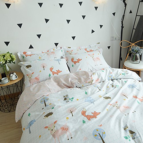 BuLuTu Animal Duvet Cover Twin White 100% Cotton,3 Pieces Woodland Kids Bedding Sets Twin for Boys Girls,Hedgehog Fox Deer Owl Print Twin Duvet Cover and 2 Pillowcases,No Comforter - Thumbnail 4