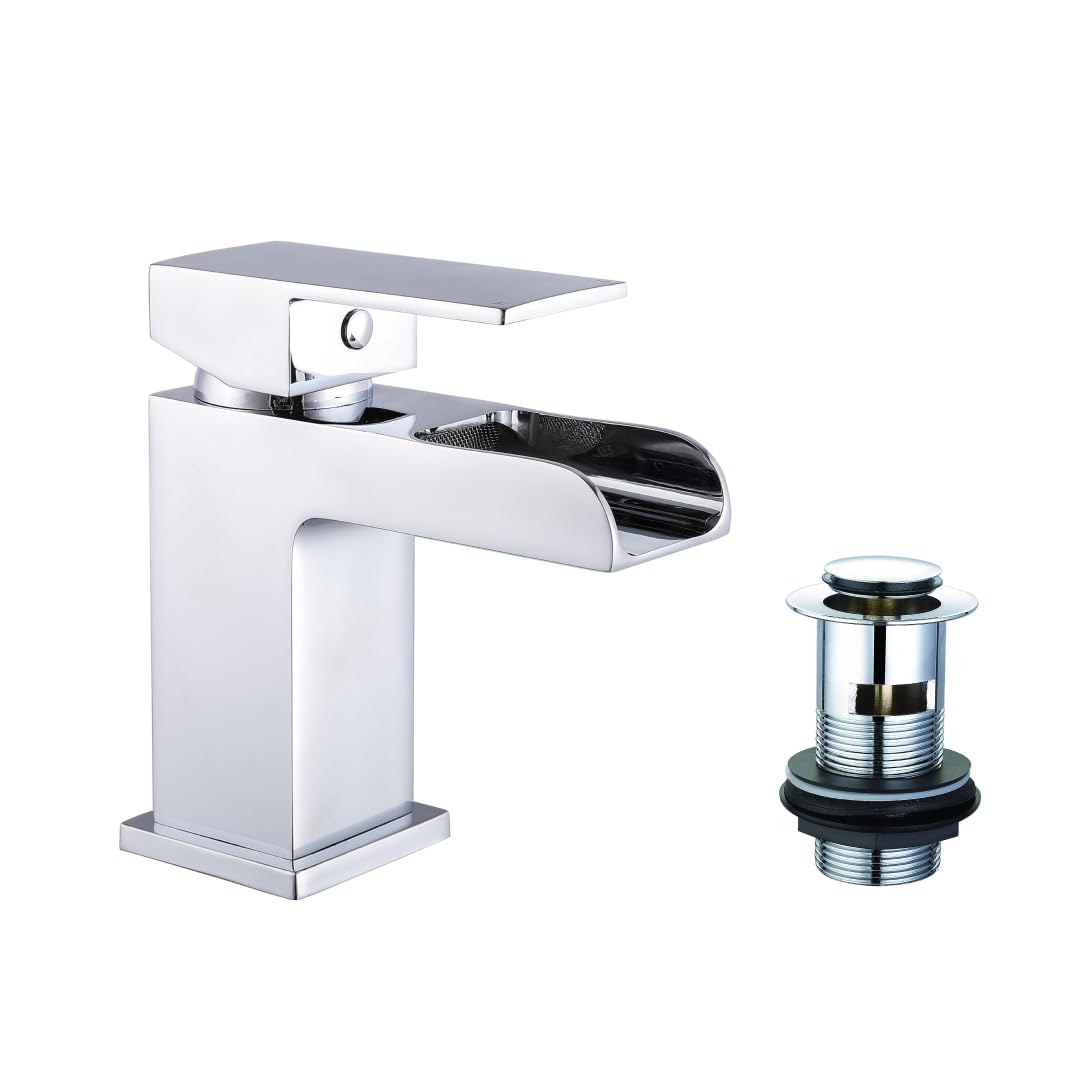 iBathUK | Modern Waterfall Chrome Basin Mixer Tap Monobloc Bathroom Sink Faucet TB3107