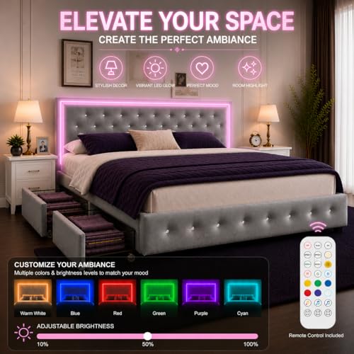 Queen Bed Frame with 4 Storage Drawers, LED Bed Frame with Remote Control Rhythm Sync Light, Adjustable Diamond Tufted Headboard, No Box Spring Needed, Velvet Grey