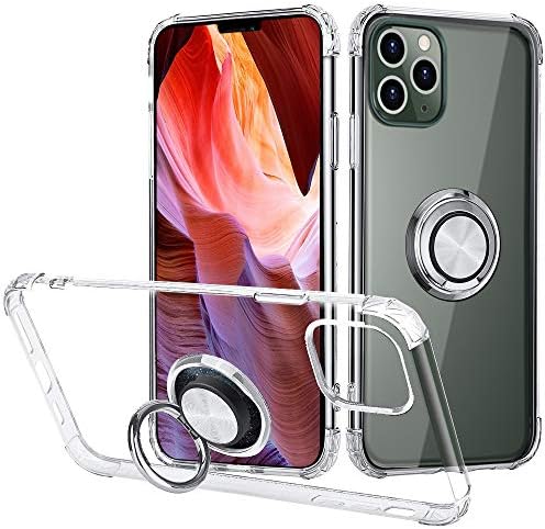 Finyosee iPhone 11 Pro Max Case Ring Holder Anti-Drop Grip Phone Case,Automatic Built-in 360 Rotatabl Kickstand Fit Magnetic Car Mount and Clear Soft TPU Air Cushion Bumper case（Clear）