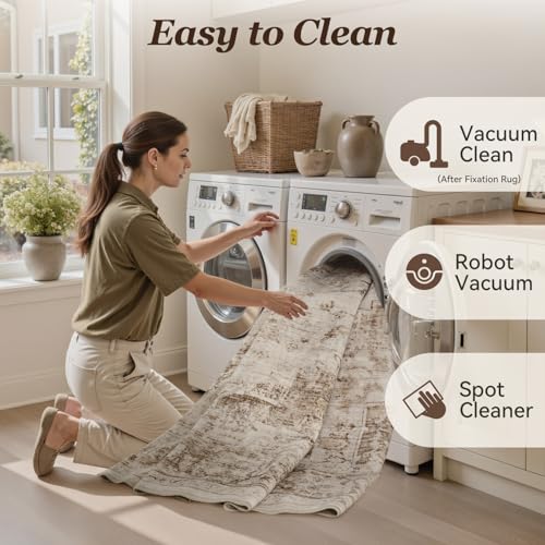PADOOR 5×7 Area Rug for Living Room, Machine Washable Soft Large Bedroom Rug, Non-Slip Durable Low Pile Vintage Rug, Easy Clean Indoor Carpet for Hall, Kitchen, Dorm, Nursery, Office in Beige