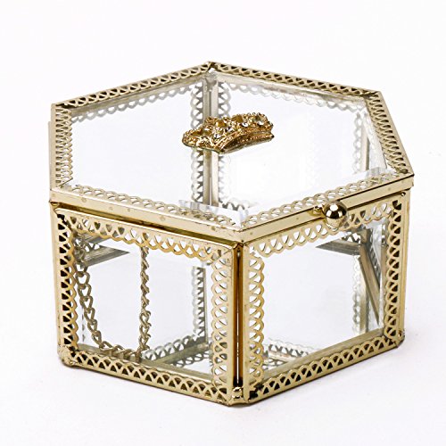 Antique Jewelry Box/Decorative Brass Metal Frame Clear Glass Chest