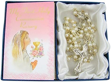 First Communion White Prayer Bead Rosary with Holy Card Gift Set, 24 Inch