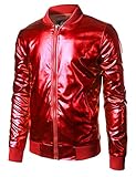 JOGAL Mens Metallic Nightclub Styles Zip Up Varsity Baseball Bomber Jacket Medium Red