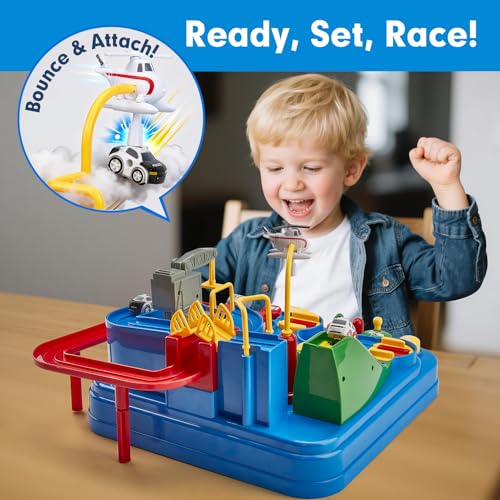 hahaland Track Cars Games Kids 3 4 5 Years Old Race Track Toy Set with Helicopter and 3 Car Educational Toys for Kids Gift
