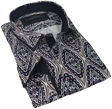 Coogi Luxe Brio Milano Mens High End Fashion Navy Pink Paisley Pattern Trim Button-Down Dress Shirt