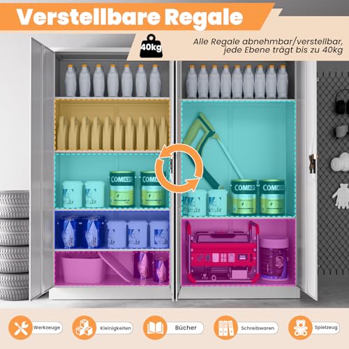 Frideko Filing Cabinet 90 x 40 x 185 cm - Metal Cabinet with 2 Doors and 2 Adjustable Shelves, Storage Cabinet with Lock for Home, Office and Warehouse, Light Grey