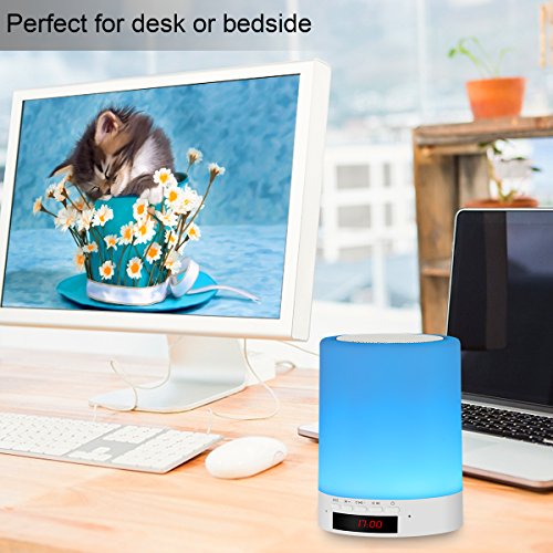 Night light bluetooth speaker, Tranesca Portable Wireless Bluetooth Speaker with 7 color LED light, warm night light and alarm clock