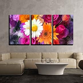 3 Piece Canvas Wall Art - Closeup Still Life of White, Yellow and Red Color Flowers - Modern Home Art Stretched and Framed Ready to Hang - 16"x24"x3 Panels