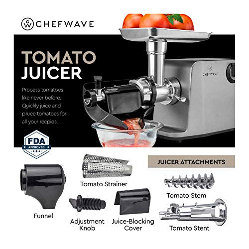 ChefWave Electric Meat Grinder FDA Approved - Stainless Steel Heavy Duty 1800W Max 3-Speed - 4 Grinding Plates, 3 Cutting Blades, Tomato Juicer, Sausage Stuffer Tubes + Cutting Board + Sausage Pricker