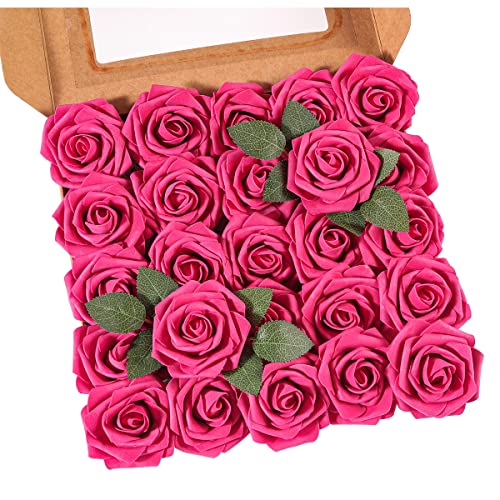 Ruiuzioong Artificial Flowers Roses, 25pcs Real Touch Artificial Foam Roses Decoration DIY for Wedding Bridesmaid Bridal Bouquets Centerpieces, Party Decoration, Home Display (Fuchsia, 25pcs)
