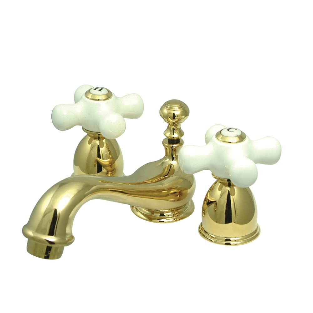 Photo 1 of Kingston Brass KS3952PX Restoration Mini Widespread Lavatory Faucet with Porcelain Cross Handle, Polished Brass