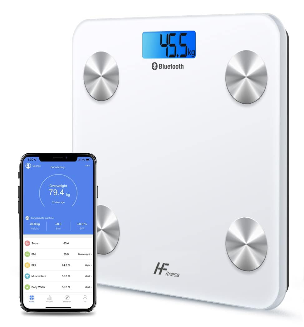 HF 19x Body Composition Indices 28x28cm Platform Smart Scale Bathroom Scales for Body Weight Body Fat Monitor, BMI Muscle Mass Bone iOS Android App Bluetooth Wireless (White With Blue Backlit Display)