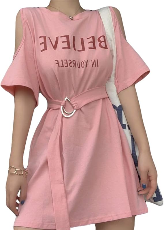 Amazon Co Jp Ksila Tシャツ レディース ロング丈 Tシャツワンピース 半袖 オフショルダー ワンピース ロゴ 英字ベルト付き おしゃれ チュニック Tシャツ 可愛い 夏 服 ファッション小物