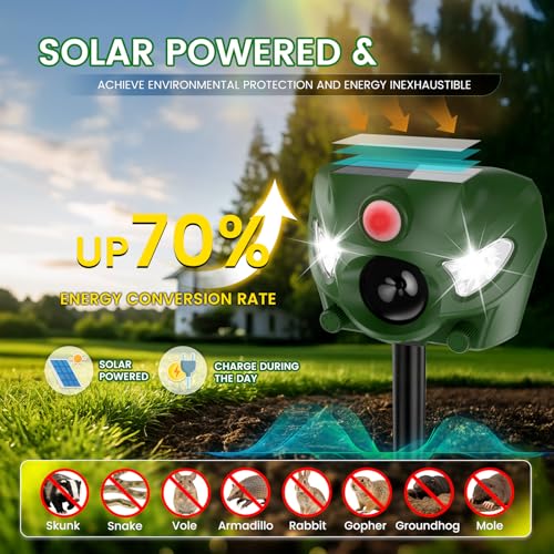 Ultrasonic Animal Deterrent Outdoor, Solar Power Cat Rodent Raccoon Repeller, Rabbit Snake Control Device with Motion Sensor and FIashing Light, Waterproof Outdoor Animal Device for Deer Squirrel