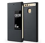 Huawei Ascend P9 Plus Case, Premium Leather Cover with View Window Protective Smartphone Flip Cover Folio Case (Ultra Thin Slim)(Perfect Fit) (P9 plus Gray)
